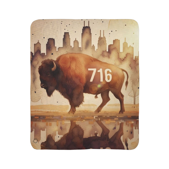 Buffalo NY 716 Bison Sherpa Fleece Blanket — Watercolor Skyline Throw for Game Day & Fan Caves