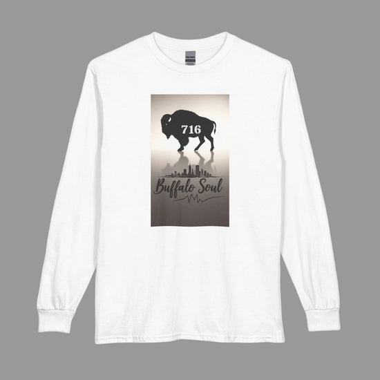 White long sleeve crewneck tee with 716 bison silhouette and city skyline silhouette of Buffalo NY skyline.  A Buffalo Soul logo is under the city silhouette and the 716 bison is in the sky above the city skyline.